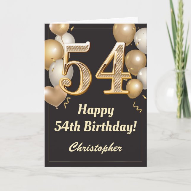 54th Birthday Black and Gold Balloons Confetti Card (Front)