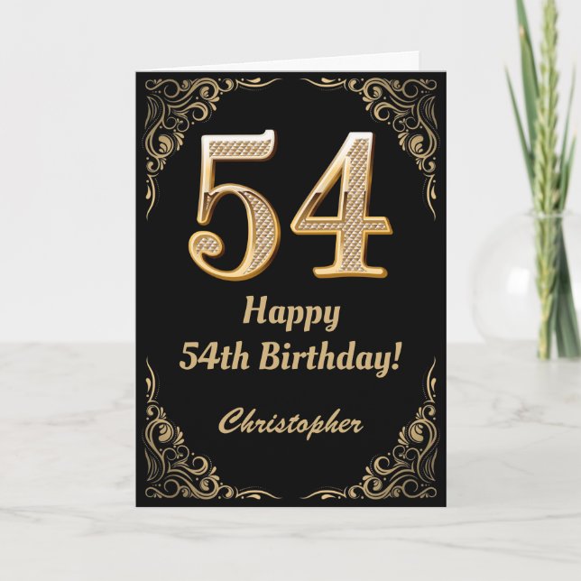 54th Birthday Black and Gold Glitter Frame Card (Front)