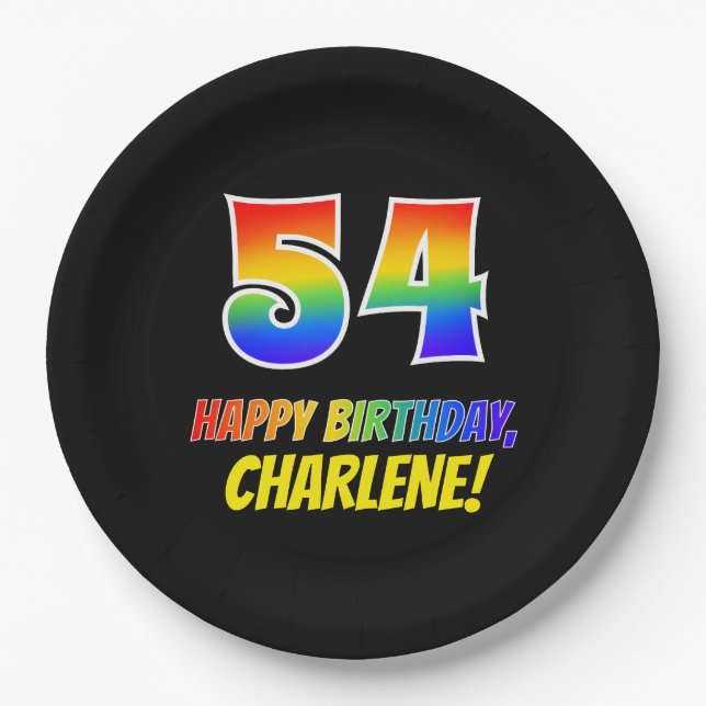 54th Birthday: Bold, Fun, Simple, Rainbow 54 Paper Plate (Front)