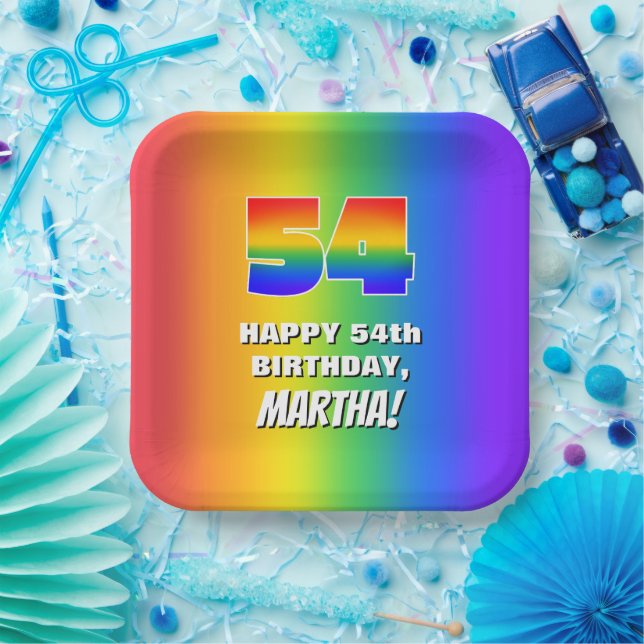 54th Birthday: Colourful, Fun Rainbow Pattern # 54 Paper Plate (Party)