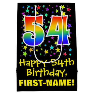 54th Birthday: Colourful Stars Pattern & Rainbow 5 Medium Gift Bag