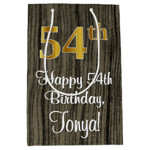 54th Birthday: Elegant Faux Gold Look #, Faux Wood Medium Gift Bag
