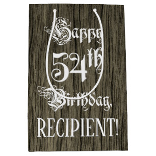 54th Birthday: Fancy, Faux Wood Look + Custom Name Medium Gift Bag