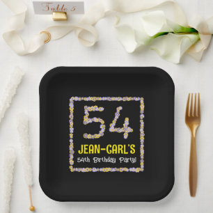 54th Birthday: Floral Flowers Number, Custom Name Paper Plate