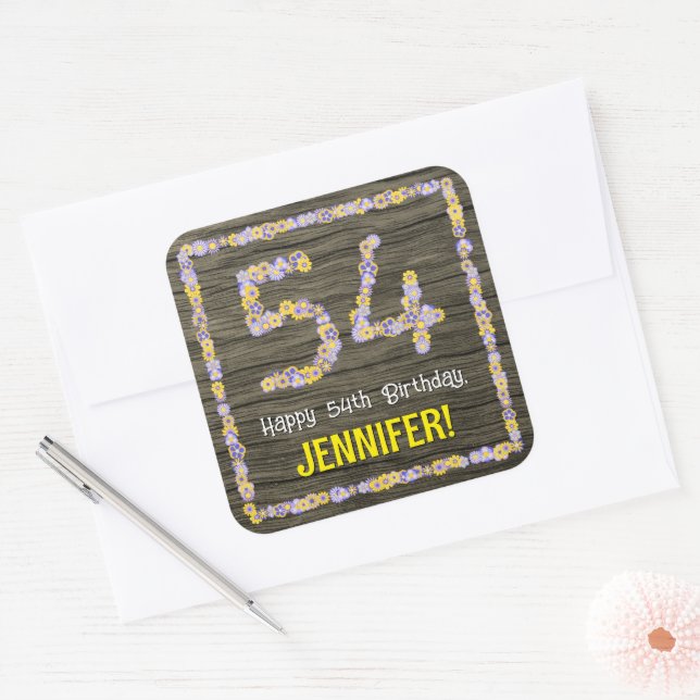 54th Birthday: Floral Number, Faux Wood Look, Name Square Sticker (Envelope)