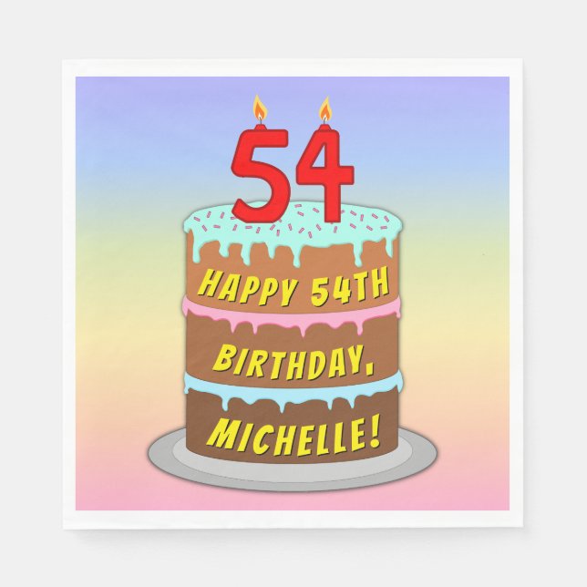 54th Birthday: Fun Cake and Candles + Custom Name Napkin (Front)