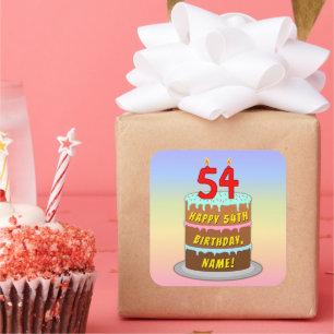 54th Birthday: Fun Cake and Candles + Custom Name Square Sticker
