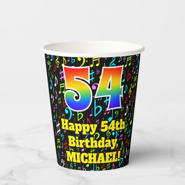 54th Birthday: Fun Music Notes Pattern, Rainbow 54 Paper Cups (Back)