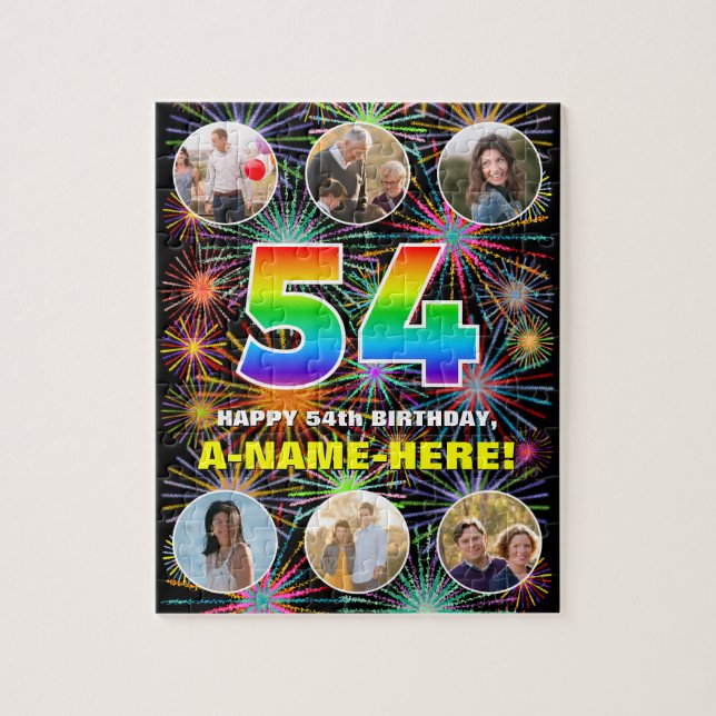 54th Birthday: Fun Rainbow #, Custom Name + Photos Jigsaw Puzzle (Vertical)