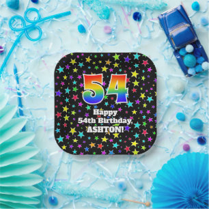 54th Birthday: Fun Stars Pattern and Rainbow “54” Paper Plate