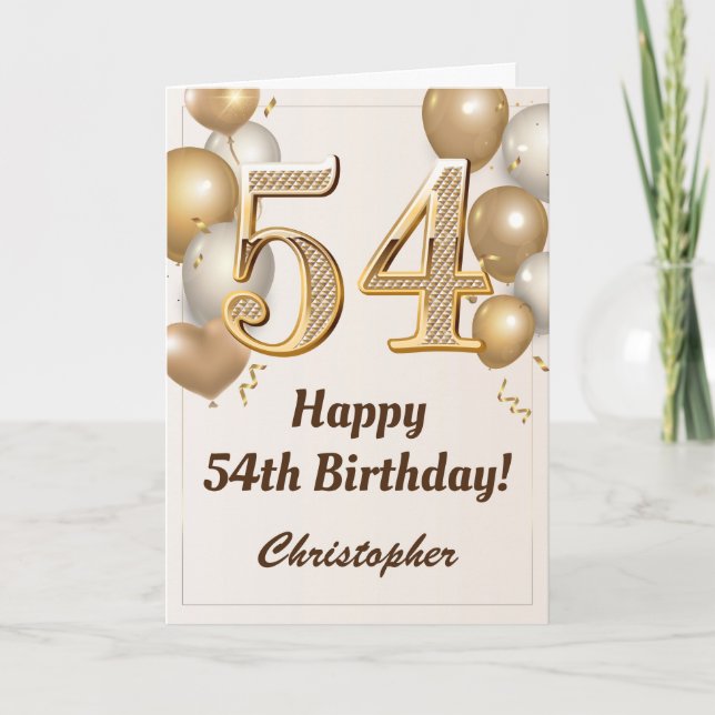 54th Birthday Gold Balloons and Confetti Birthday Card (Front)