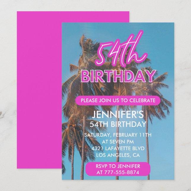 54th birthday invitation Summer Pink Palm tree (Front/Back)
