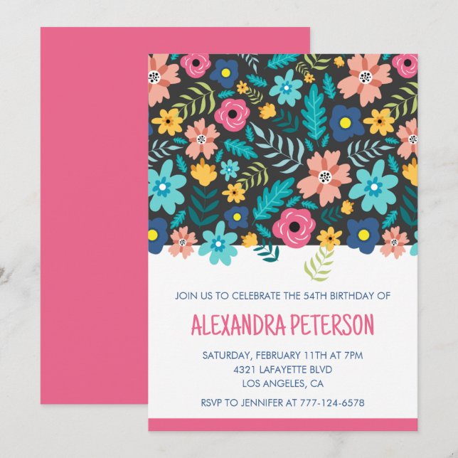 54th birthday invitations Floral Pattern Pink (Front/Back)
