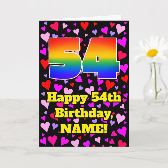 54th Birthday: Loving Hearts Pattern, Rainbow # 54 Card (Small Plant)