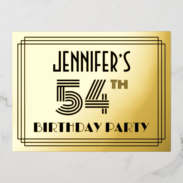 54th Birthday Party ~ Art Deco Style “54” + Name Foil Invitation Postcard (Front)