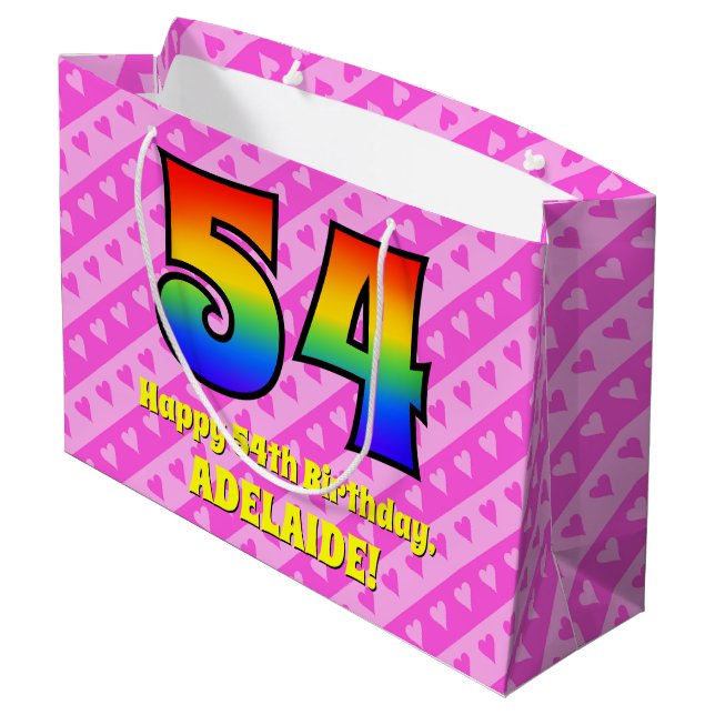 54th Birthday: Pink Stripes & Hearts, Rainbow # 54 Large Gift Bag (Back Angled)