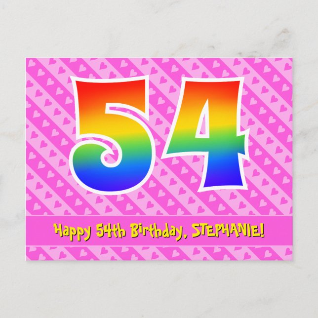 54th Birthday: Pink Stripes & Hearts, Rainbow 54 Postcard (Front)