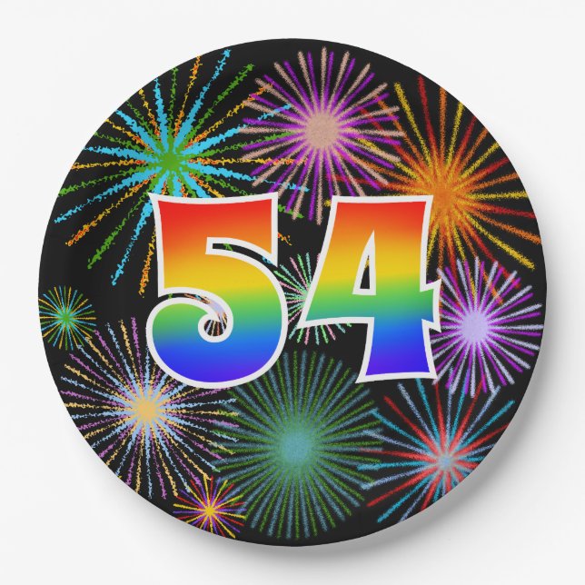 54th Event - Fun, Colourful, Bold, Rainbow 54 Paper Plate (Front)