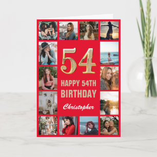 54th Happy Birthday Red and Gold Photo Collage Card