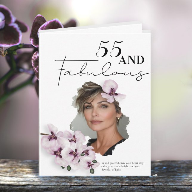 55 & Fabulous Orchid Photo Birthday Greeting Card (Creator Uploaded)