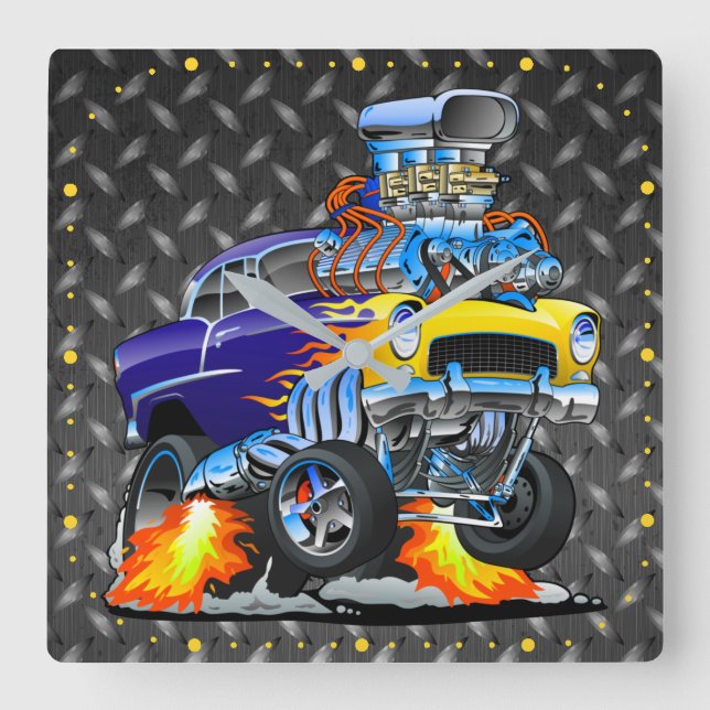 55 Funny Car Metal Diamond Chequered Plate  Square Wall Clock (Front)