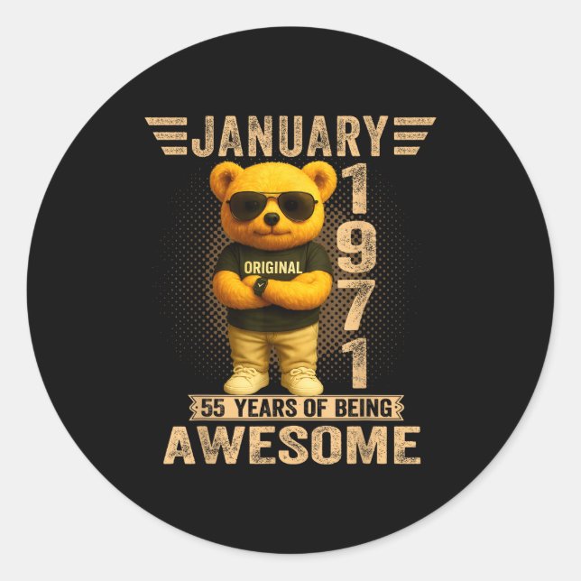 55 Year Old January 1971 Teddy Bear 55th Birthday  Classic Round Sticker (Front)