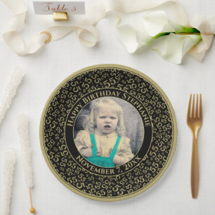 55 Your Photo Random Number Pattern Black/Gold Paper Plate