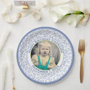 55 Your Photo Random Number Pattern Blue/White Paper Plate