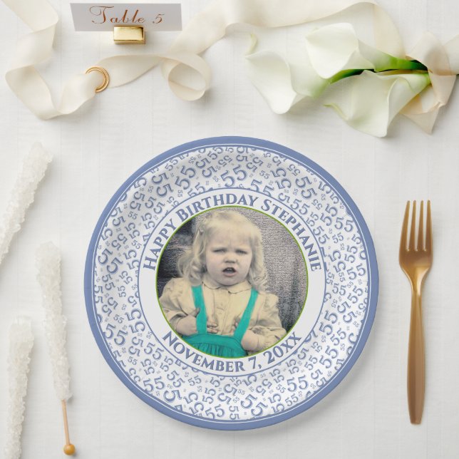 55 Your Photo Random Number Pattern Blue/White Paper Plate (Wedding)