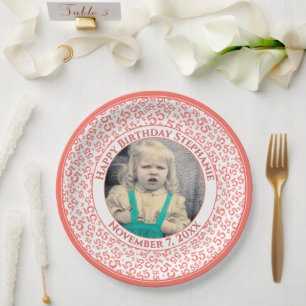 55 Your Photo Random Number Pattern Coral/White Paper Plate
