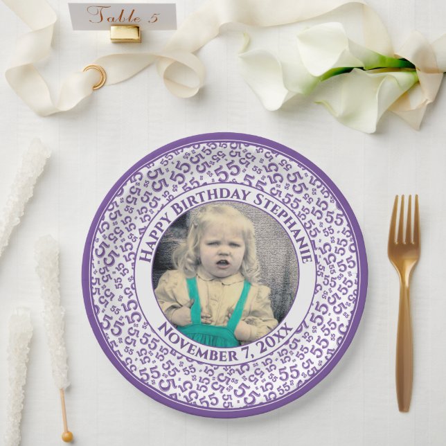 55 Your Photo Random Number Pattern Purple/White Paper Plate (Wedding)