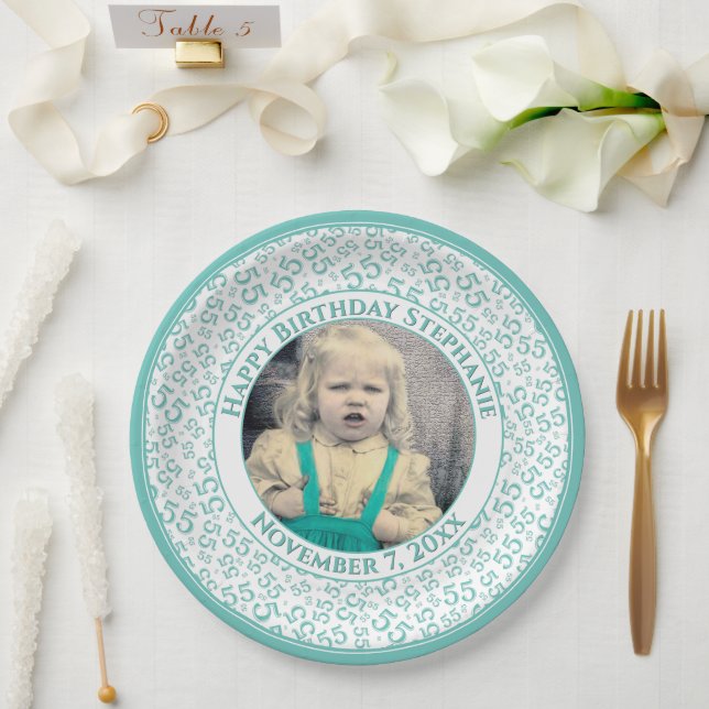 55 Your Photo Random Number Pattern Teal/White Paper Plate (Wedding)
