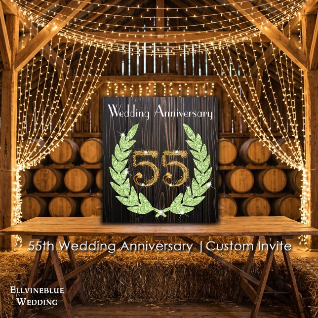 55th Anniversary | Emerald, Rustic Wood & Gold Invitation (55th Wedding Anniversary Invite | Rustic Wood & Emerald Laurel. Size: 5.25” x 5.25”)