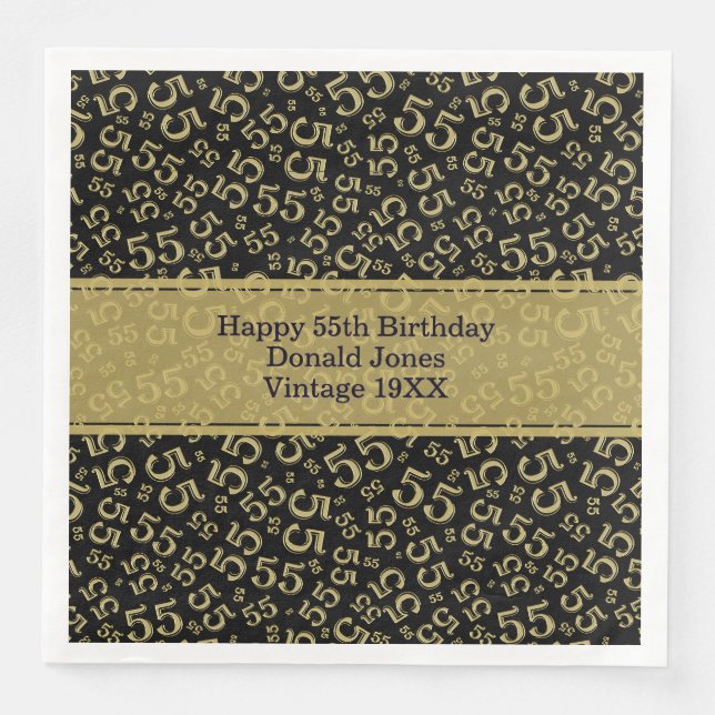 55th Birthday Age Number Pattern Black/Gold Napkin (Front)