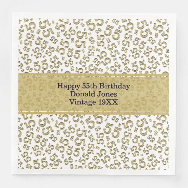 55th Birthday Age Number Pattern Gold/White Napkin (Front)