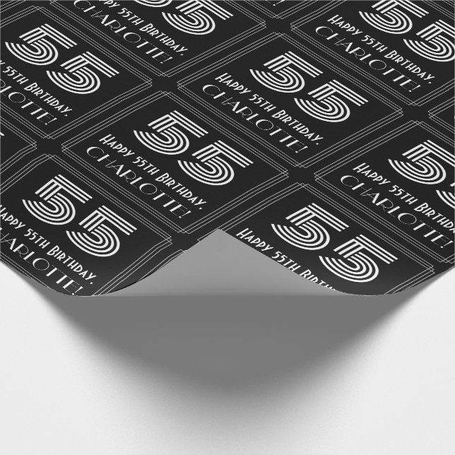 55th Birthday: Art Deco Inspired Look "55" w/ Name Wrapping Paper (Corner)