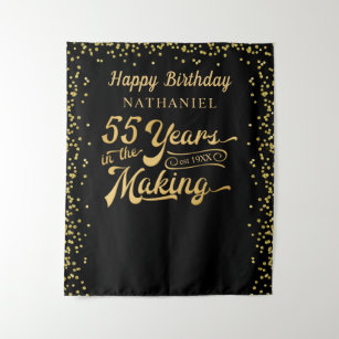 55th Birthday Backdrop Black Gold Confetti Tapestry