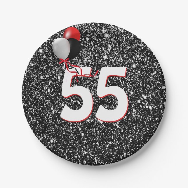55th Birthday Balloons on Black Glitter Paper Plate (Front)