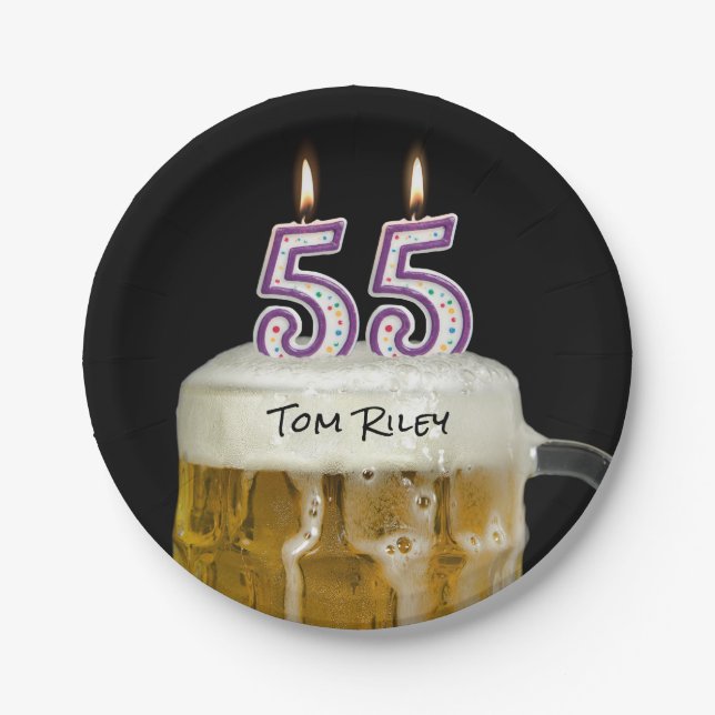 55th birthday beer with candle paper plate (Front)