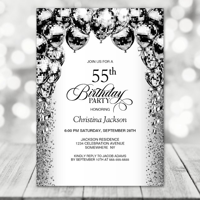 55th Birthday Black and White Balloons Party Invitation (Creator Uploaded)