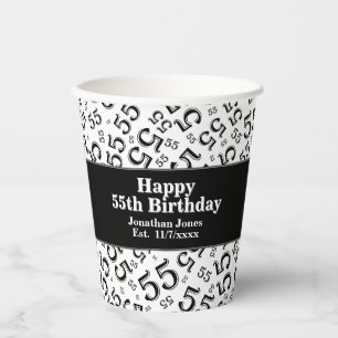 55th Birthday Black/White Random Number Pattern 55 Paper Cups