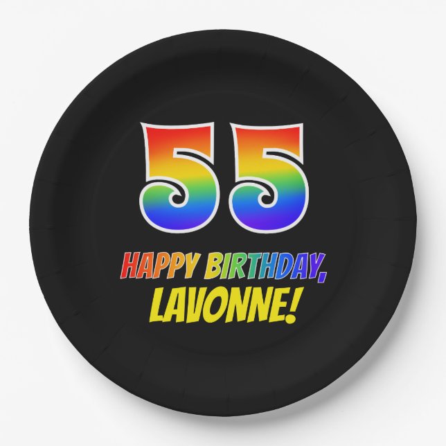 55th Birthday: Bold, Fun, Simple, Rainbow 55 Paper Plate (Front)