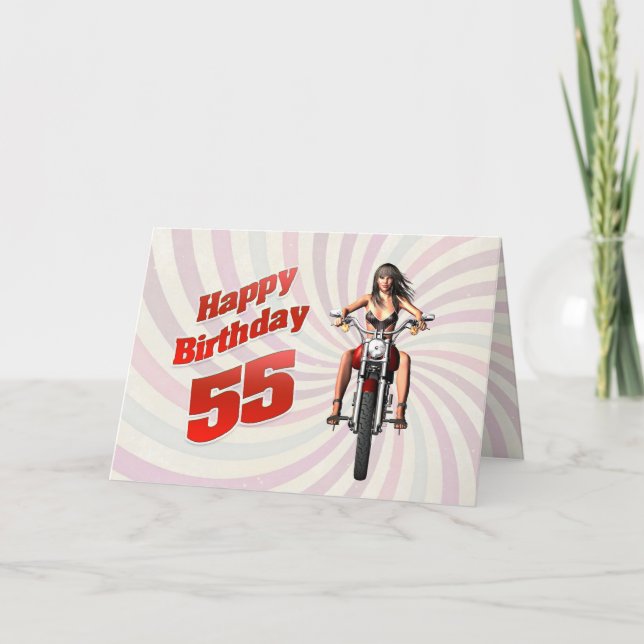 55th Birthday card with a motorbike girl (Front)