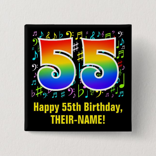 55th Birthday: Colourful Music Symbols, Rainbow 55 15 Cm Square Badge (Front)