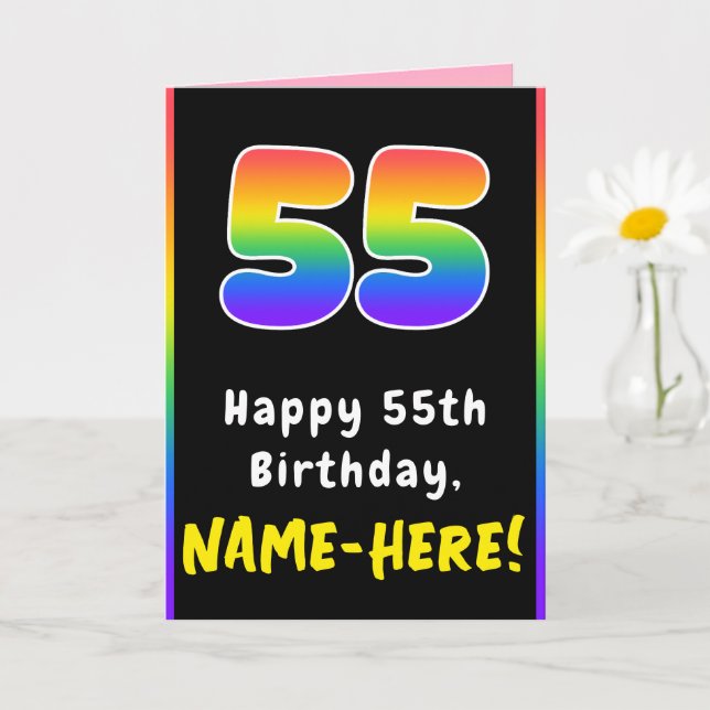 55th Birthday: Colourful Rainbow # 55, Custom Name Card (Small Plant)