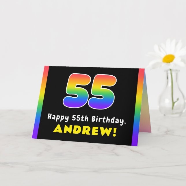 55th Birthday: Colourful Rainbow # 55, Custom Name Card (Small Plant)