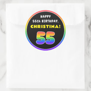 55th Birthday: Colourful Rainbow # 55, Custom Name Classic Round Sticker