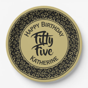 55th Birthday Cool  Number Pattern Black/Gold Paper Plate
