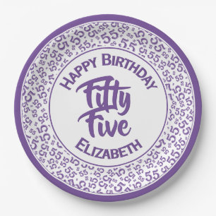 55th Birthday Cool Number Pattern Purple/White Paper Plate