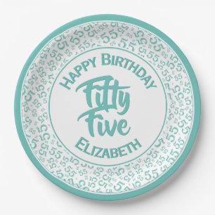 55th Birthday Cool  Number Pattern Teal/White Paper Plate
